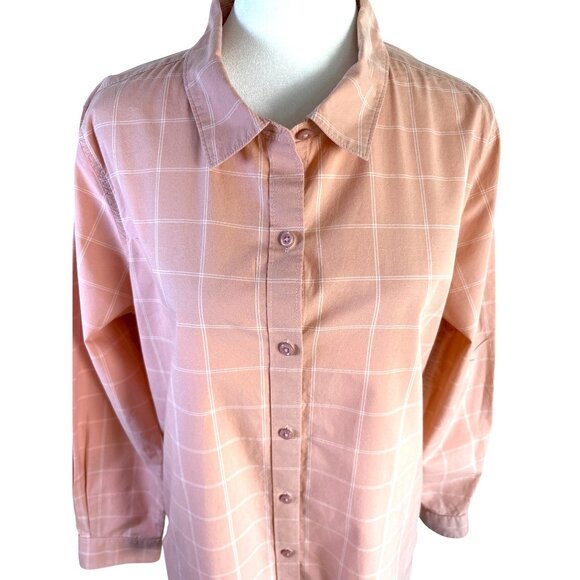 Garnet Hill Shirt Top Blouse Size 12 Window Pane Plaid Peach White EUC Organic C - Picture 2 of 8
